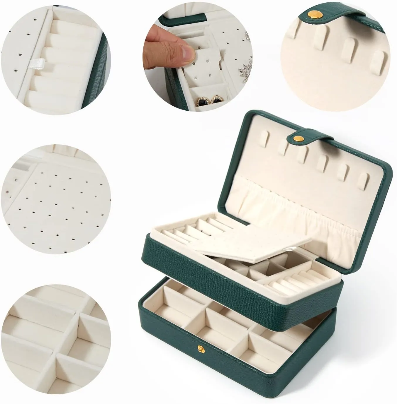Jewelry Box for Women and Girls, PU Leather Made Jewelry Organizer, 3 Layers Jewelry Storage for Rings, Earings, Necklaces, Bracelets, Valentines Day Gifts (Green Small)