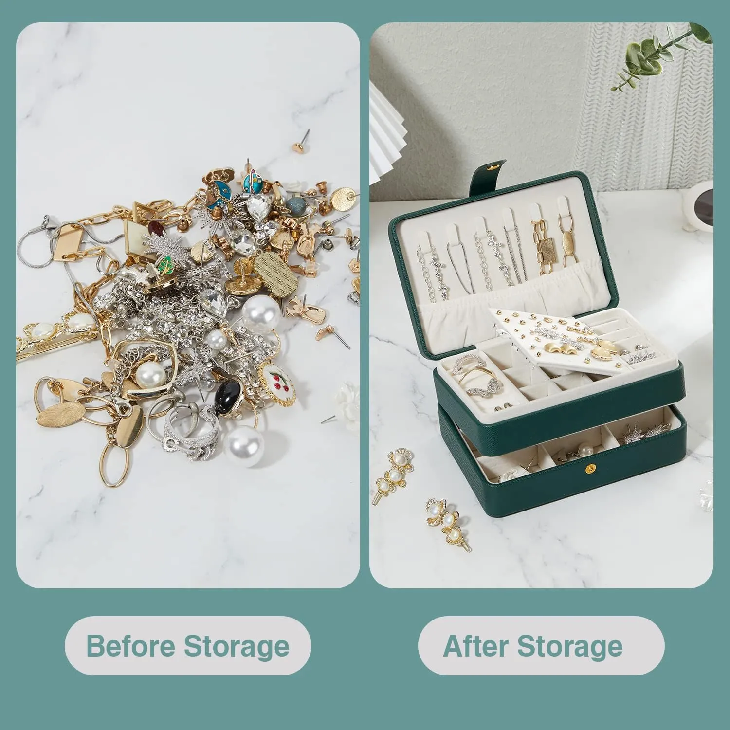 Jewelry Box for Women and Girls, PU Leather Made Jewelry Organizer, 3 Layers Jewelry Storage for Rings, Earings, Necklaces, Bracelets, Valentines Day Gifts (Green Small)