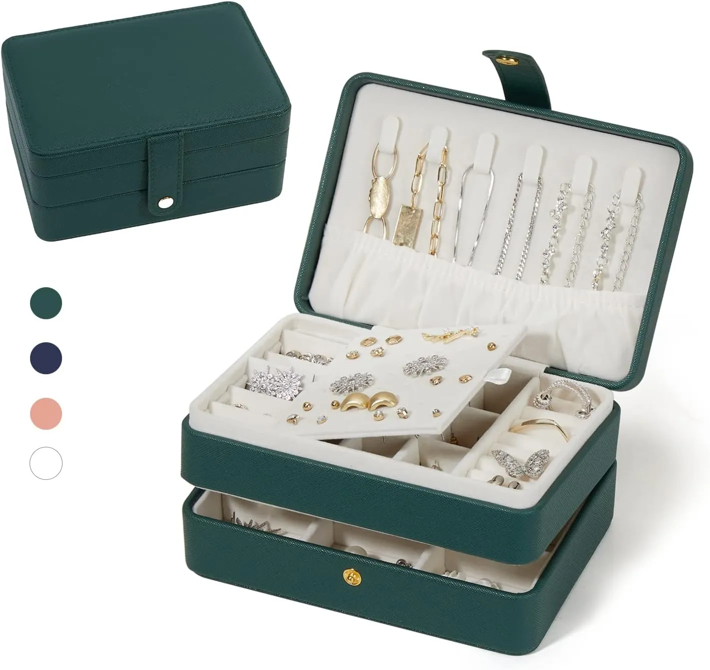 Jewelry Box for Women and Girls, PU Leather Made Jewelry Organizer, 3 Layers Jewelry Storage for Rings, Earings, Necklaces, Bracelets, Valentines Day Gifts (Green Small)