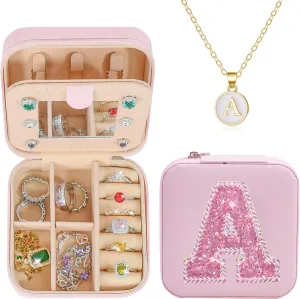 Jewelry Boxes & Organizers| Initial Travel Jewelry Box Case| Gold Initial Necklaces for Women | Personalized Pink Jewelry Organizer| Graduation Travel Gifts, A-Pink