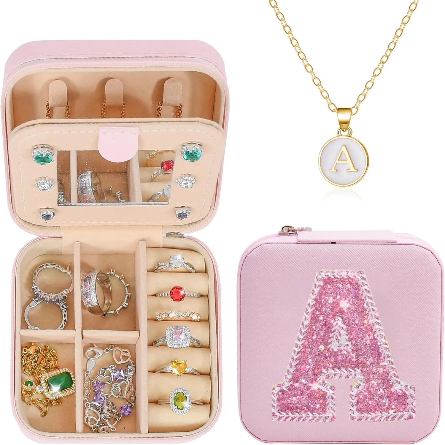Jewelry Boxes & Organizers| Initial Travel Jewelry Box Case| Gold Initial Necklaces for Women | Personalized Pink Jewelry Organizer| Graduation Travel Gifts, A-Pink
