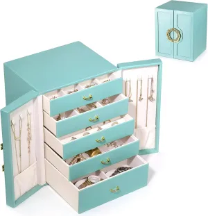 Jewelry Boxes & OrganizersLarge Jewelry Boxes Organizers with 5 Drawers Necklace Earring Ring Watches Bracelets Storage Case Leather Stand up Holder Gift for Women and Girls (Teal)