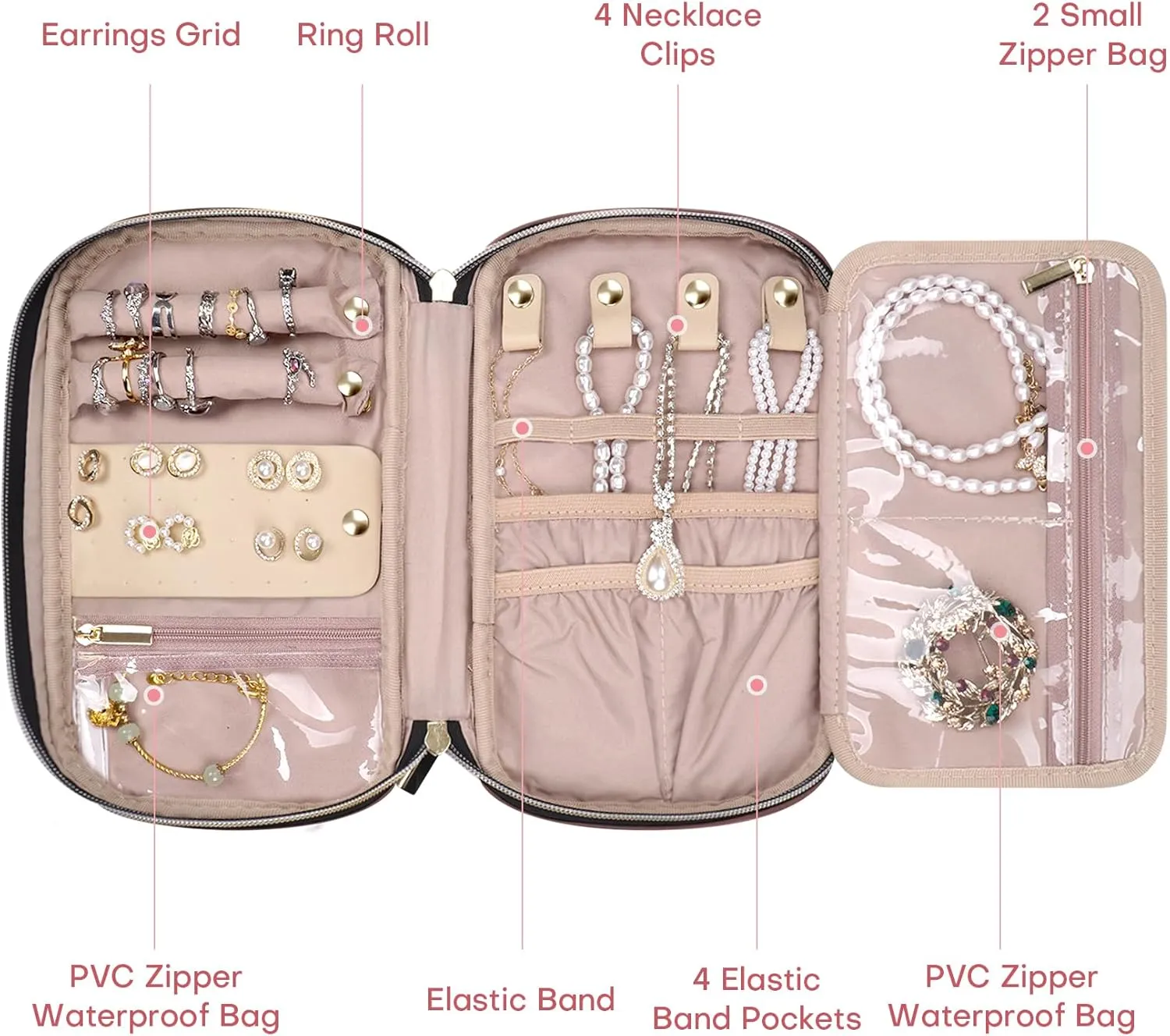Jewelry Travel Case Organizer for Necklaces, Earrings, Rings, Bracelet, Watch, Soft Sided, Red Sandalwood