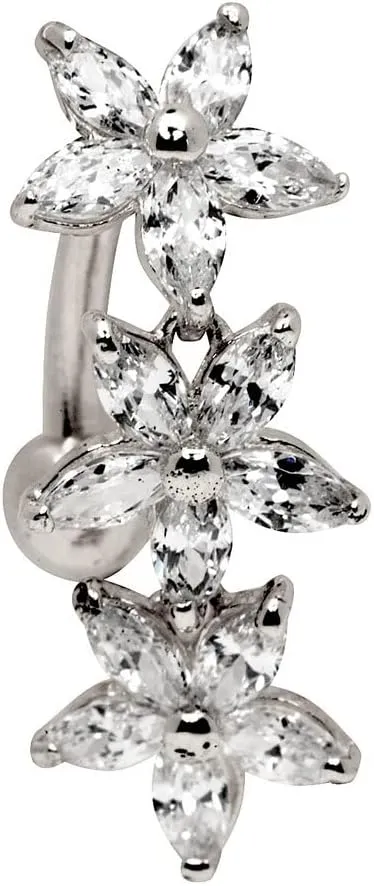 JewelryWeb Solid 14k Yellow or White Gold Marquise Flower Cubic Zirconia Top Mount Belly Button Ring Dangle (7mm x 24mm)