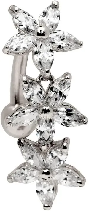 JewelryWeb Solid 14k Yellow or White Gold Marquise Flower Cubic Zirconia Top Mount Belly Button Ring Dangle (7mm x 24mm)