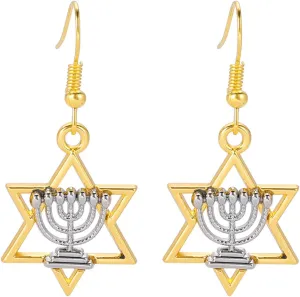 Jewish Religious Star of David Candlestick Earrings for Women Stainless Steel Chic Retro Israel Candlestick Star of David Drop Earring Hanukkah Jewelry