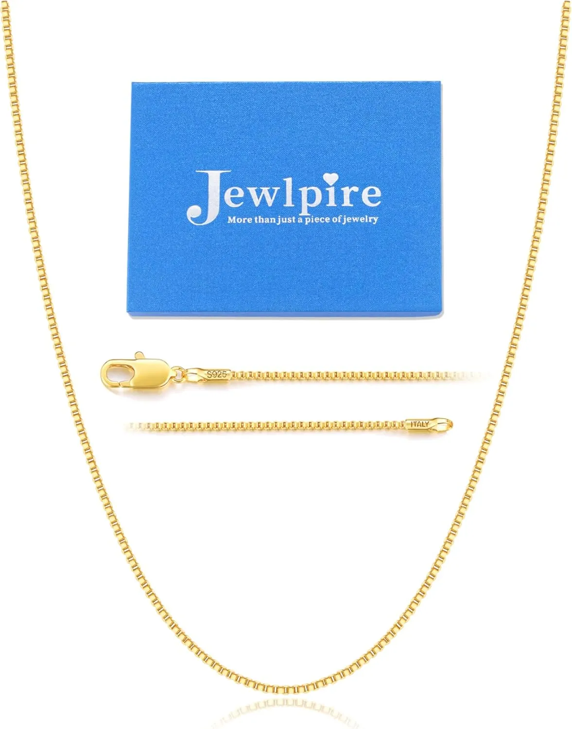 Jewlpire 14-26 Inch Italian 1.3MM 24K Gold Plated 925 Sterling Silver Box Chain Necklace for Women, Thin Women's Chain Necklaces