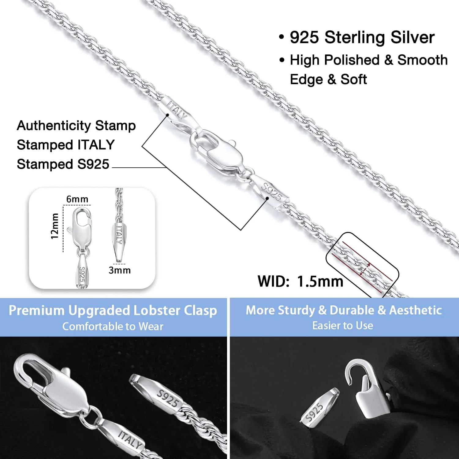 Jewlpire 925 Sterling Silver Chain Necklace for Women Men, 1.5mm Rope Chain Necklace Women's Chain Necklaces 16/18/20/22/24/26 Inch