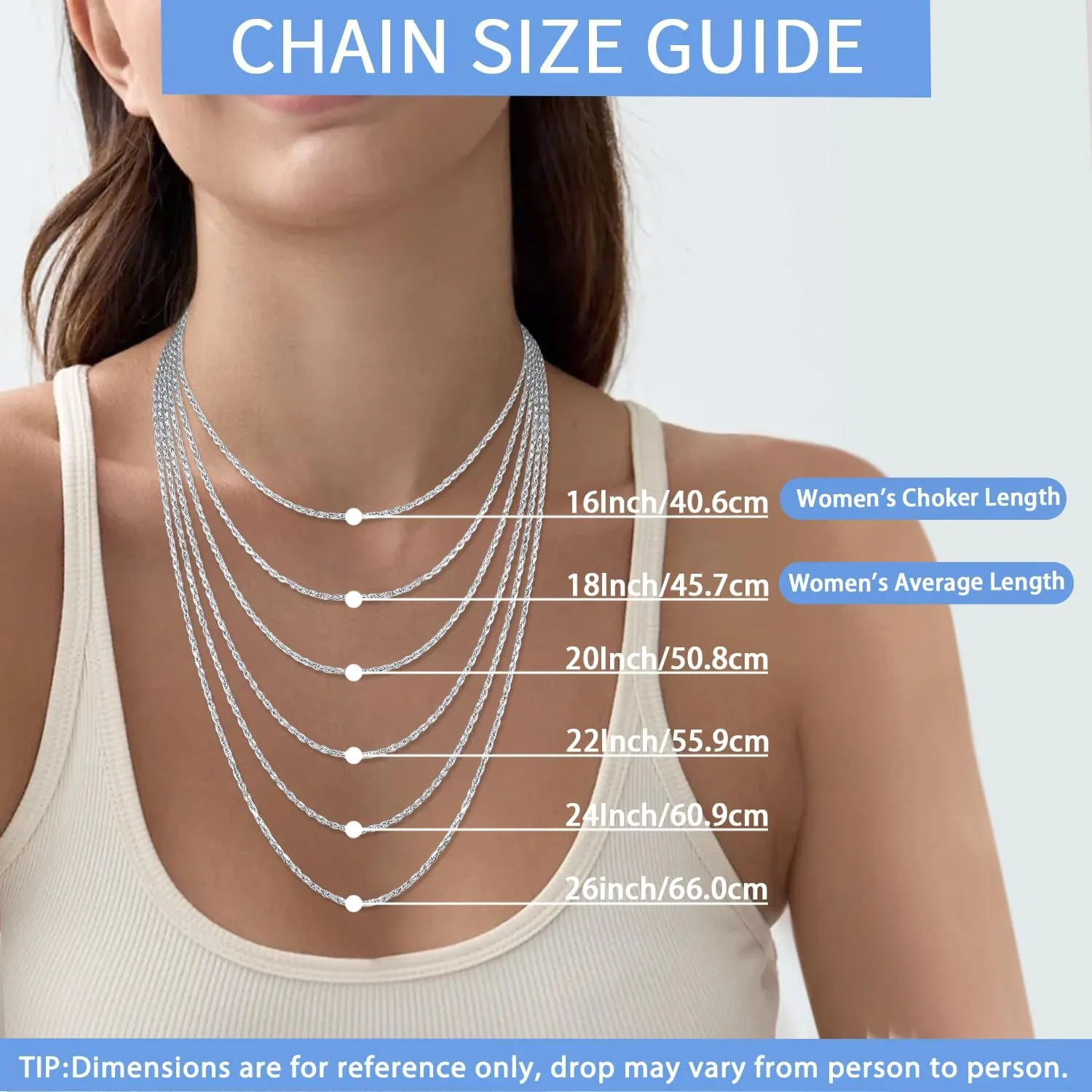 Jewlpire 925 Sterling Silver Chain Necklace for Women Men, 1.5mm Rope Chain Necklace Women's Chain Necklaces 16/18/20/22/24/26 Inch