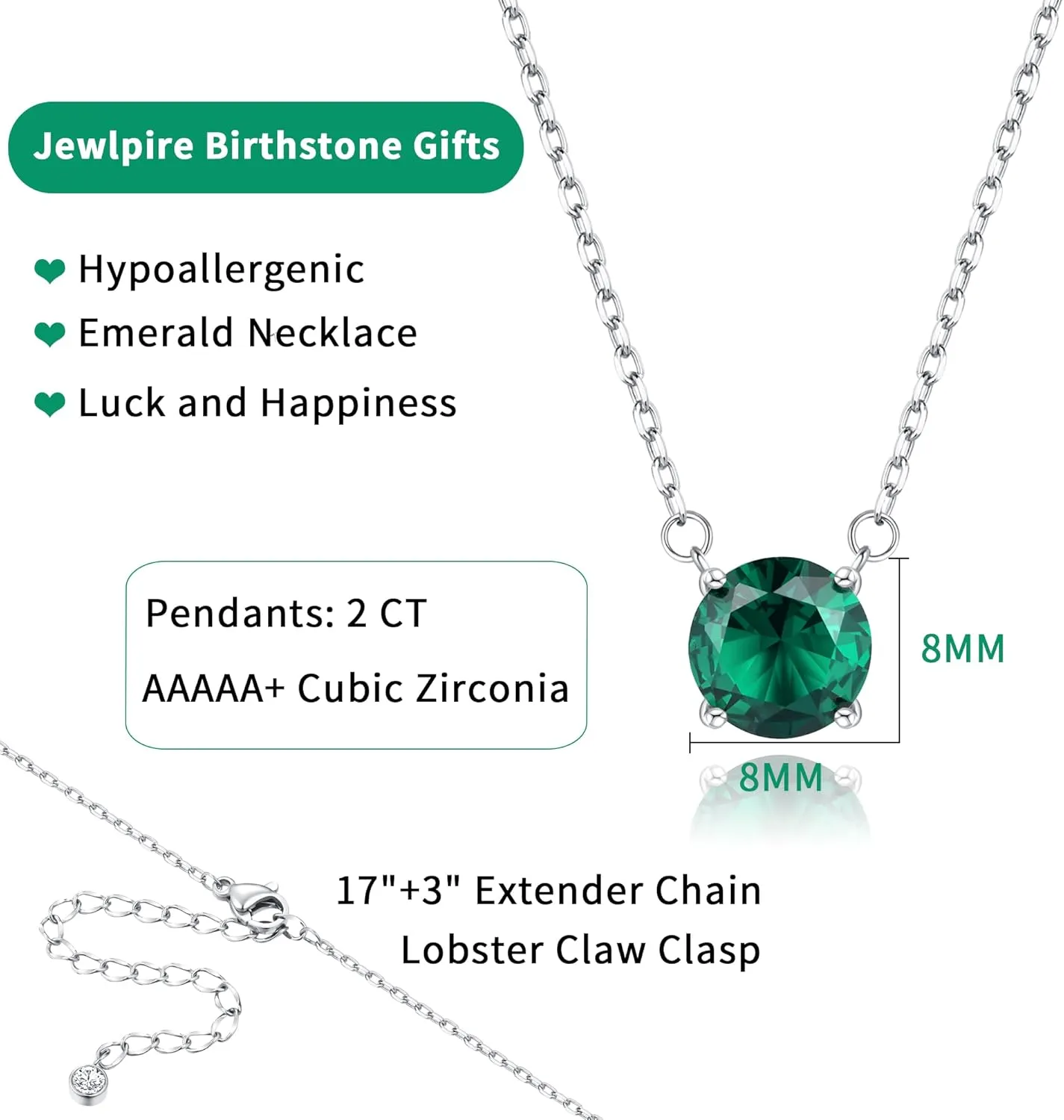 Jewlpire Gifts for Her Birthstone Necklace for Women, 2 Carat Dainty Silver Necklace for Women, Christmas Gift Birthday Gift Mother's Day Gifts for Mom Wife Her