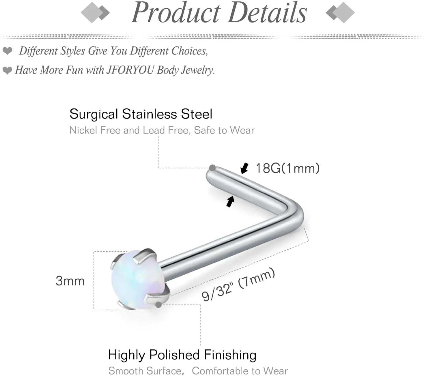 JFORYOU 18G Nose Rings Set for Women Stainless Steel Hypoallergenic L Shape/Corkscrew/Straight Nose Studs Opal Hinged Clicker Segment Nose Rings Hoops Helix Cartilage Daith Tragus Sleeper Earrings