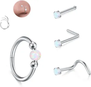 JFORYOU 18G Nose Rings Set for Women Stainless Steel Hypoallergenic L Shape/Corkscrew/Straight Nose Studs Opal Hinged Clicker Segment Nose Rings Hoops Helix Cartilage Daith Tragus Sleeper Earrings