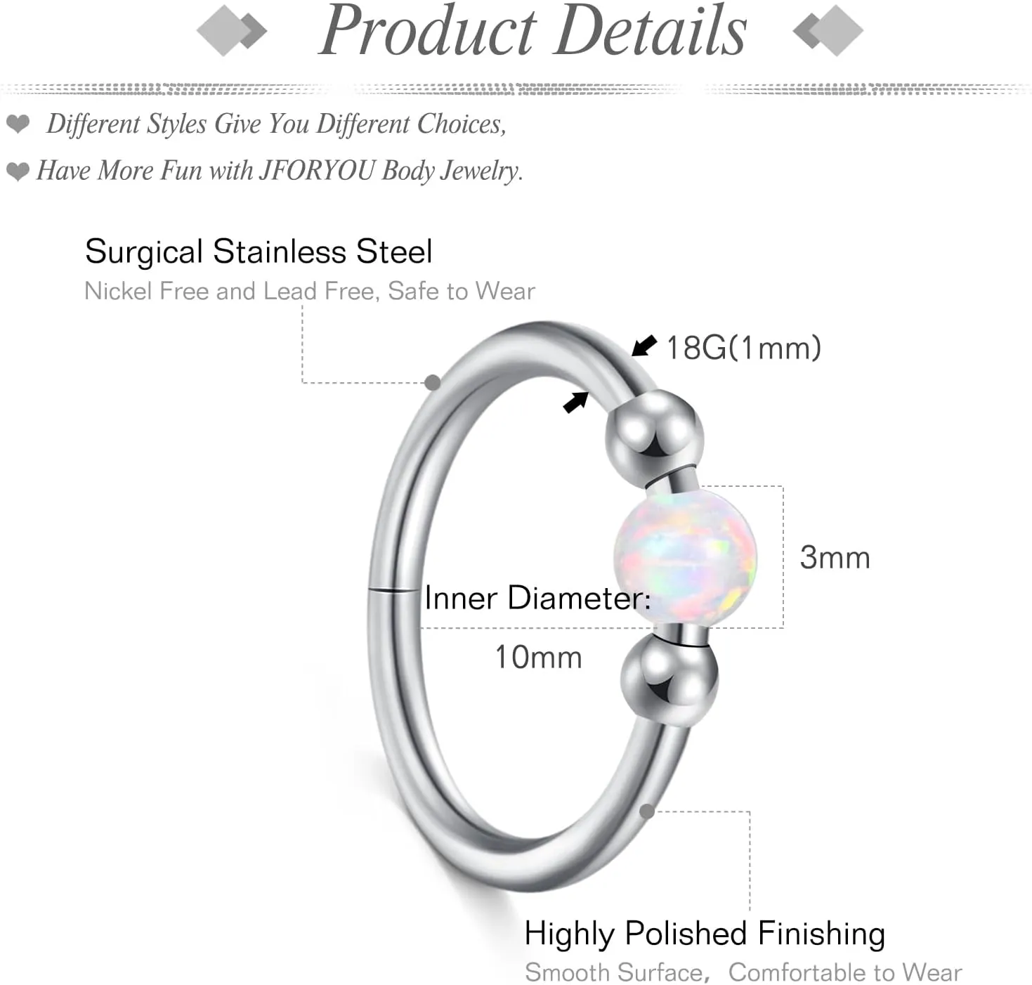 JFORYOU 18G Nose Rings Set for Women Stainless Steel Hypoallergenic L Shape/Corkscrew/Straight Nose Studs Opal Hinged Clicker Segment Nose Rings Hoops Helix Cartilage Daith Tragus Sleeper Earrings