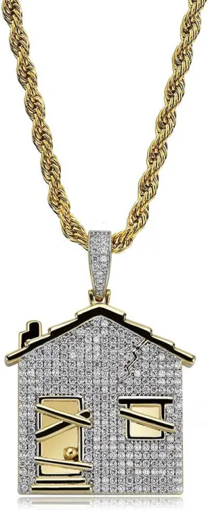 JINAO Hip Hop Iced Out Trap House Pendant 14k Gold Plated Simulated Diamond Necklace with Rope Chain for Men