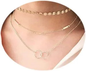 Jovono Boho Layered Choker Necklaces Gold Sequins Necklace Chain Circle Pendant Necklace Chain Jewelry for Women