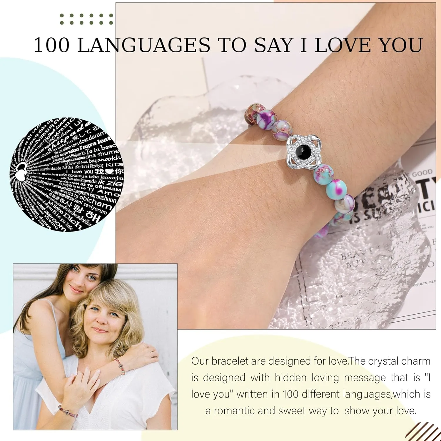 JSJOY I Love You in 100 Languages Bracelet: Unique Gifts for Mom, Daughter, Sister, Girlfriend, Wife - Christmas Stocking Stuffers