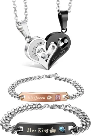 Jstyle 4Pcs Couple Necklace Bracelets Matching Set for Women Men Heart Pendant Necklace His and Hers Bracelets Couple Gift