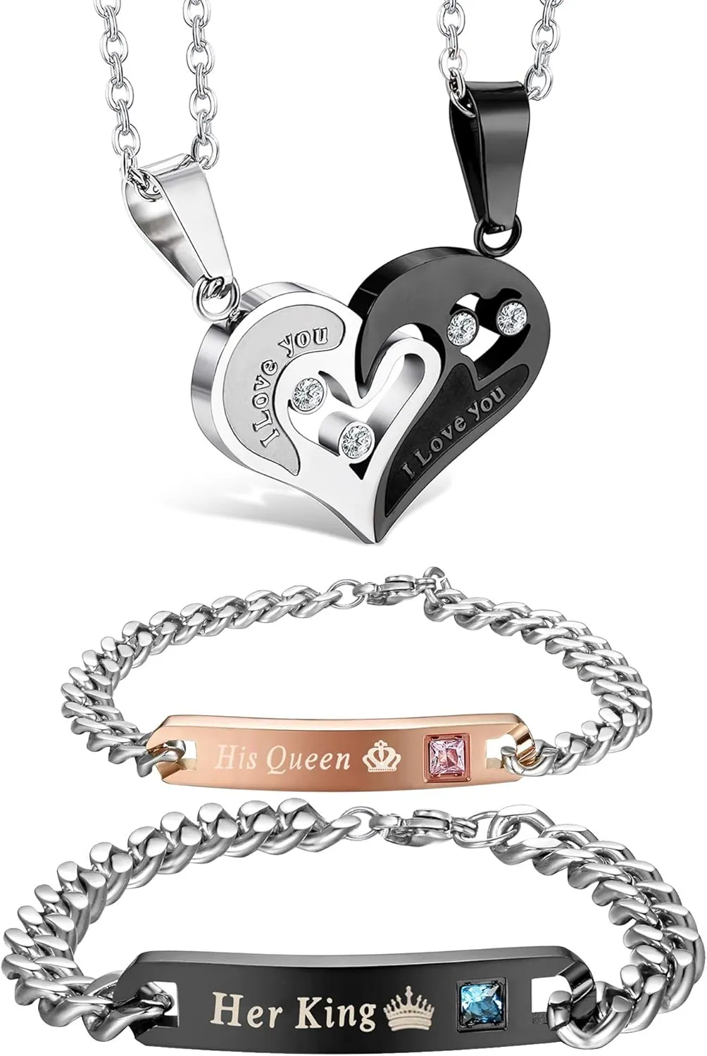 Jstyle 4Pcs Couple Necklace Bracelets Matching Set for Women Men Heart Pendant Necklace His and Hers Bracelets Couple Gift