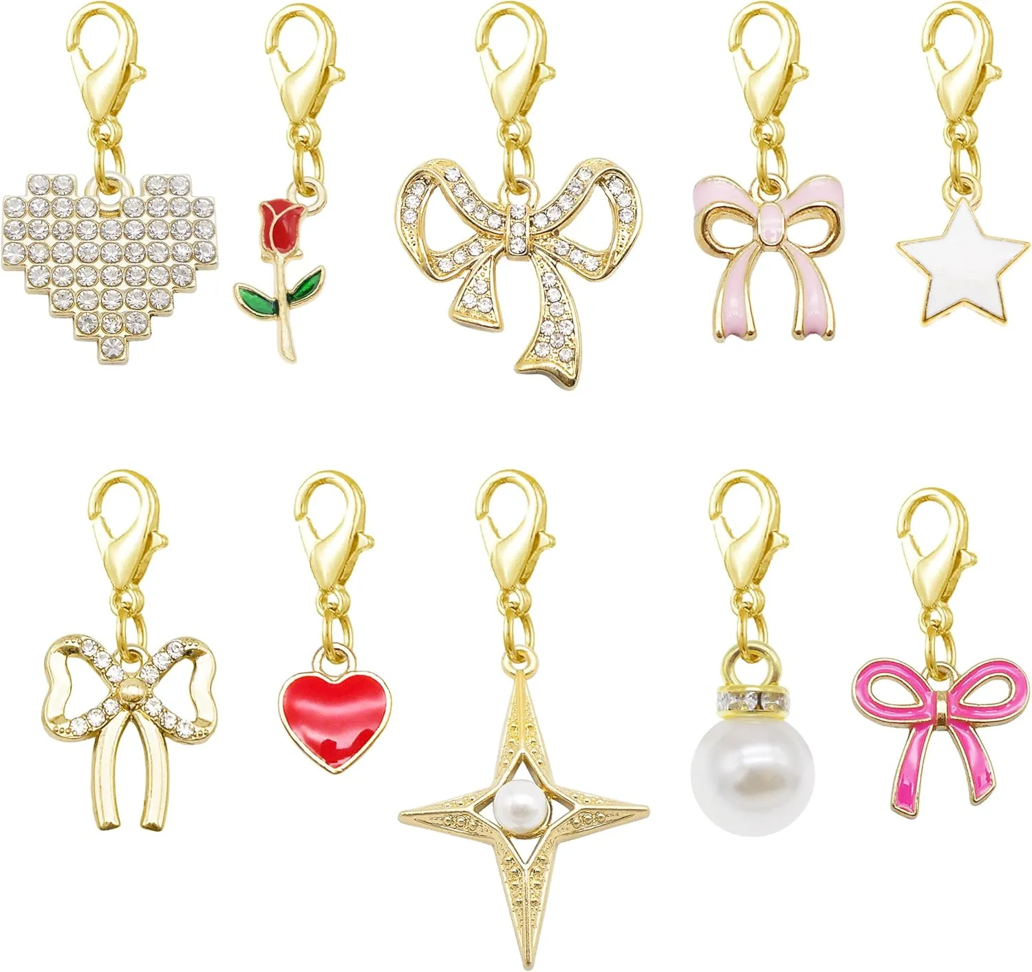 Julie Wang 20PCS 10Styles Shoe Charm for Sneakers Imitation Pearl Bow Heart Shape Pendant with Lobster Clasp Shoes Decoration Handmade Jewelry Accessory