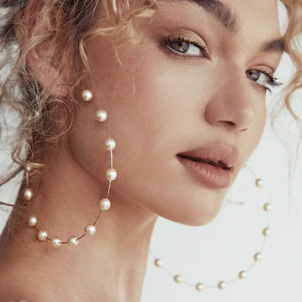 Jumbo Huge Hoops Large Pearls Thin Gold Silver Dangle Lightweight Fashion Chic Jewelry Gift for Women
