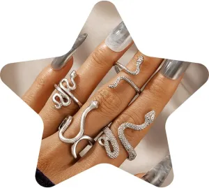 JWICOS 4Pcs Silver Punk Snake Style Stackable Finger Rings for Women Gothic Vintage Open Adjustable Rings Set Gift for Snake Lover Reptile Lover