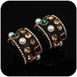 JWICOS Fashion Piercings Big Hoop Elegant Pearl Earrings Vintage Gemstone Rhinestones Bohemian Cute Cuff Earrings for Women and Girls