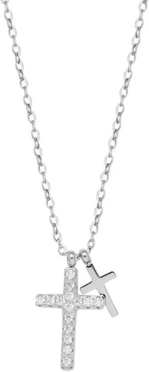 JXGXB Sterling Silver Double Cross Pendant Necklace with Cubic Zirconia, Religious Jewelry