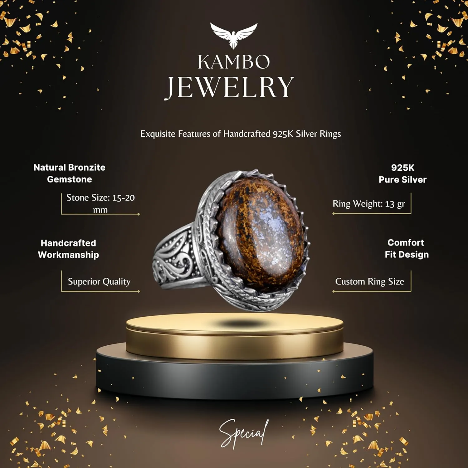 KAMBO Exclusive Collection: 925K Solid Sterling Silver Men's Ring with Natural Gemstones - Unique Handcrafted Elegance