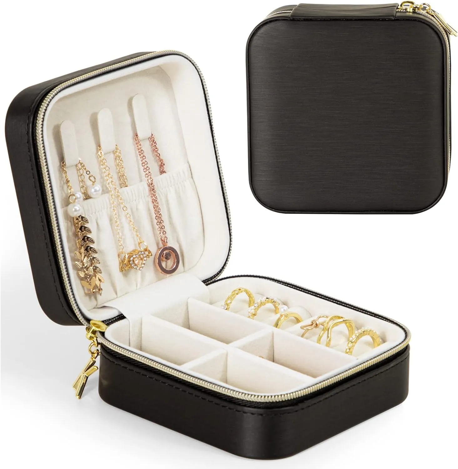 KAMIER Small Jewelry Boxes for Women | Portable Travel Jewelry Case | Wire Drawing Leather Jewelry Organizer Box for Earrings, Ring, Necklaces(Black)