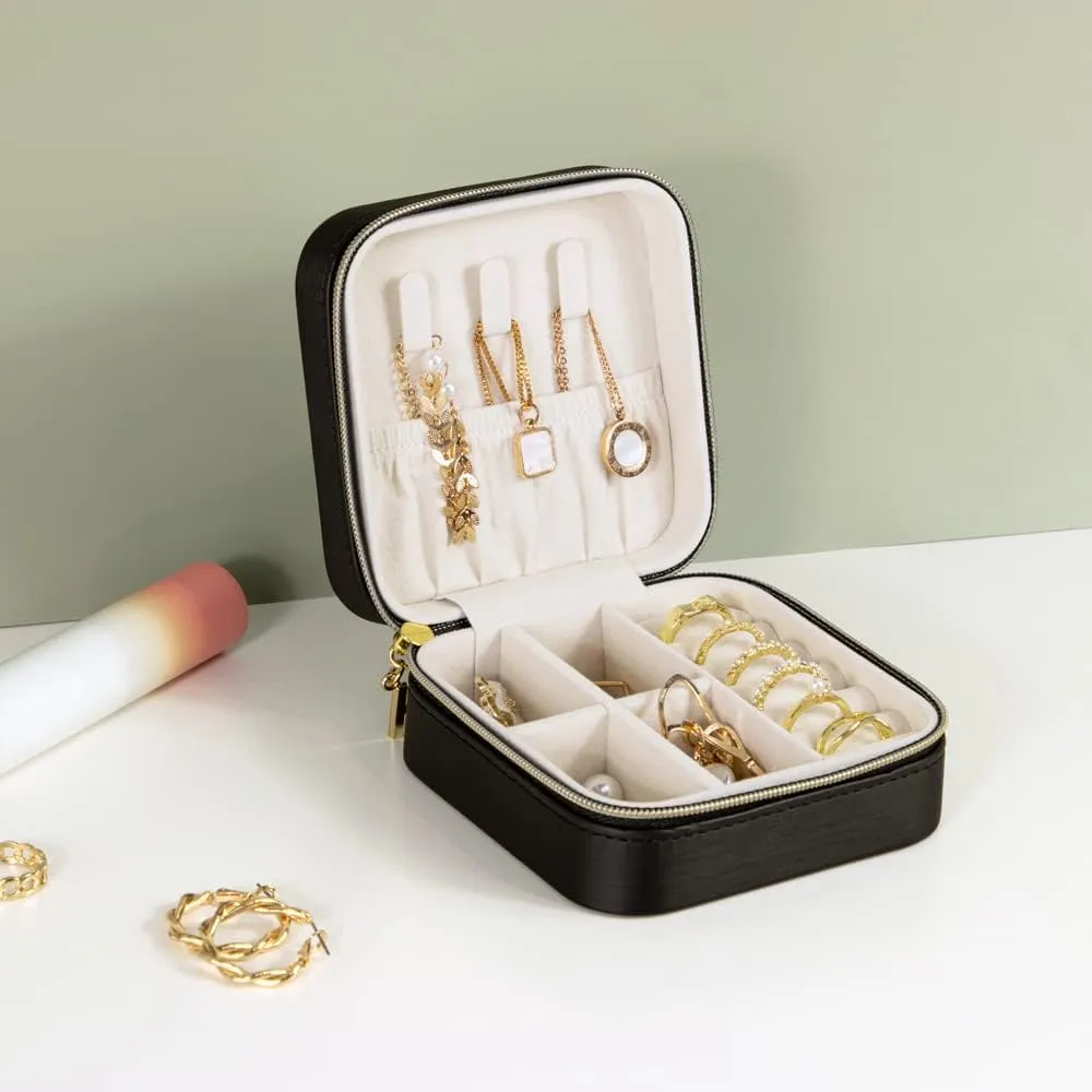KAMIER Small Jewelry Boxes for Women | Portable Travel Jewelry Case | Wire Drawing Leather Jewelry Organizer Box for Earrings, Ring, Necklaces(Black)