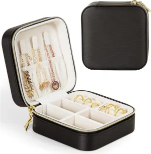 KAMIER Small Jewelry Boxes for Women | Portable Travel Jewelry Case | Wire Drawing Leather Jewelry Organizer Box for Earrings, Ring, Necklaces(Black)