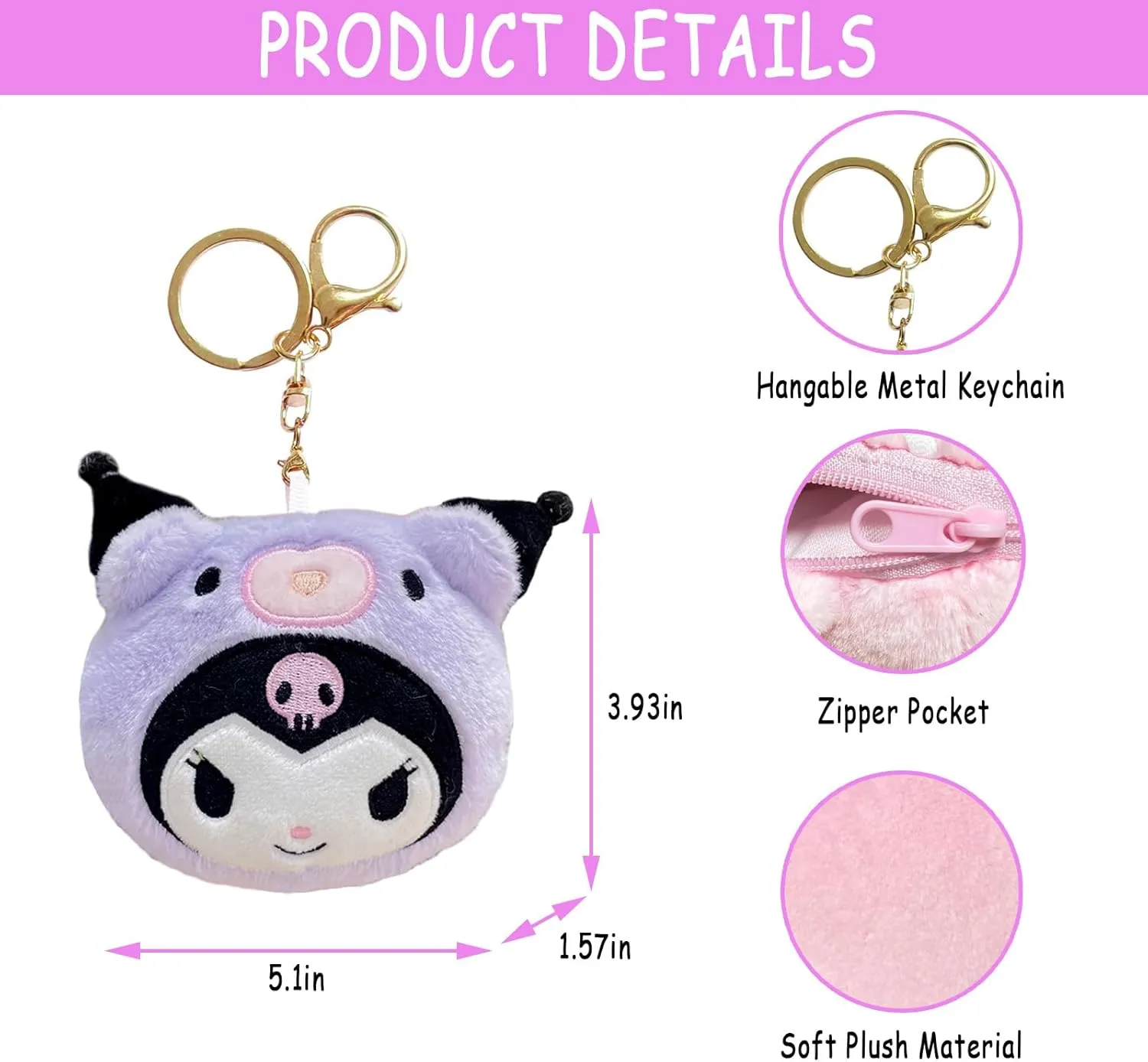 Kawaii Coin Bag, Soft Animals Coin Purse with Zipper, Cute Anime Mini Plush KeyChain Wallet for Crossbag Shoulder Bag Handbag Car Pendants (Kuro)