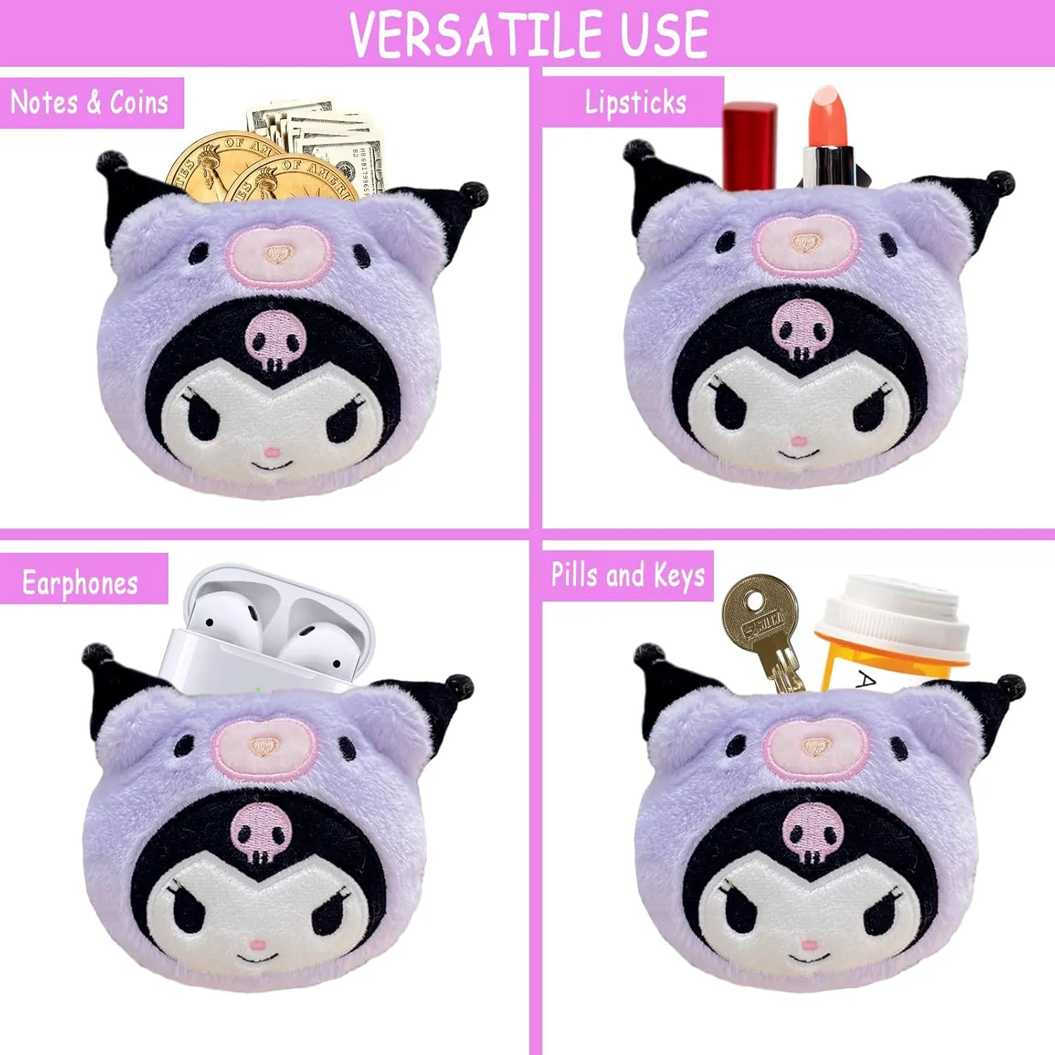 Kawaii Coin Bag, Soft Animals Coin Purse with Zipper, Cute Anime Mini Plush KeyChain Wallet for Crossbag Shoulder Bag Handbag Car Pendants (Kuro)
