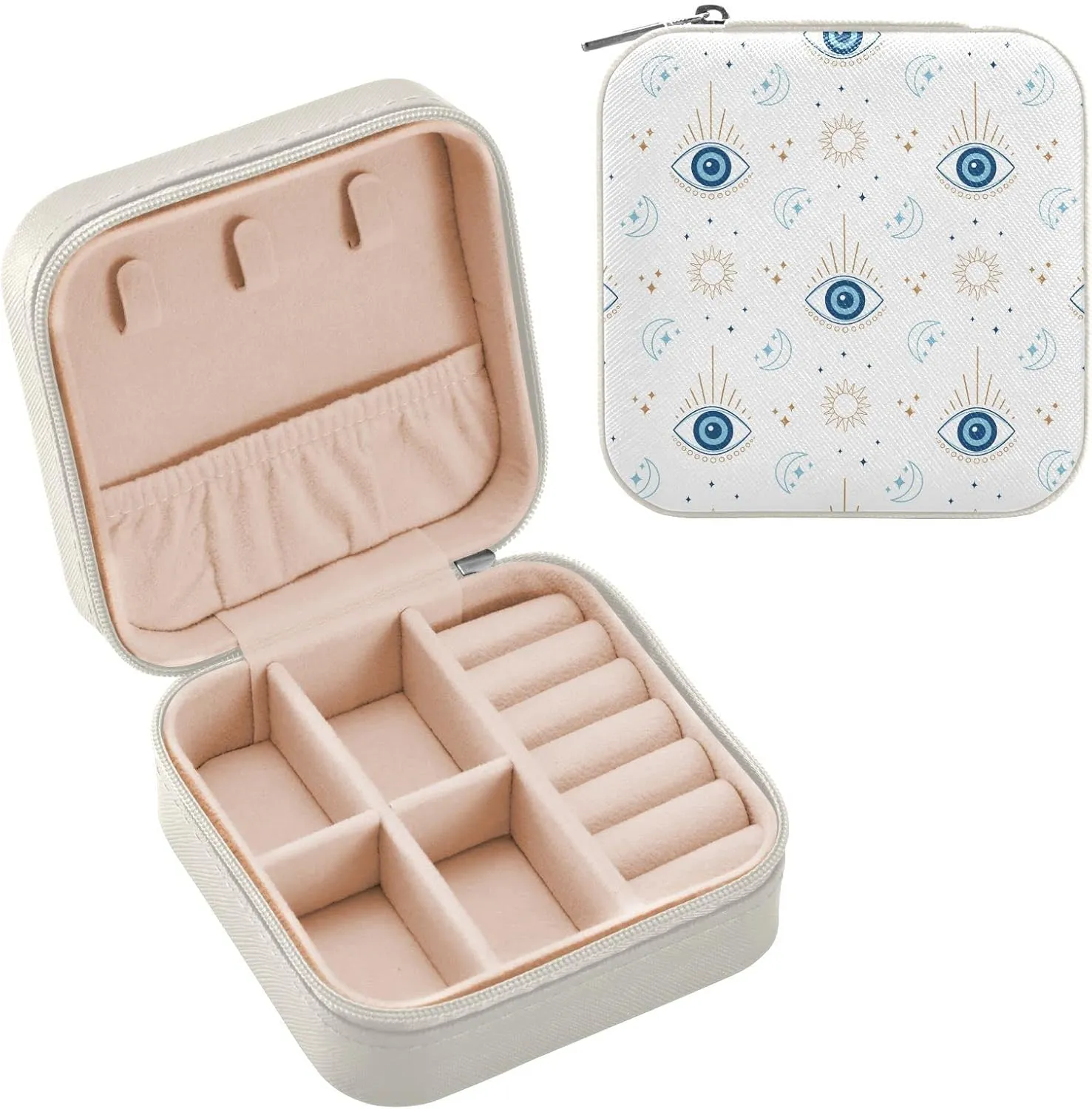 Kigai Magic Evil Eye Small Jewelry Box Mini Jewelry Organizer Travel Case for Girls Women Gift Portable Jewelry Storage Holder for Rings Earrings Necklace Bracelet (White)