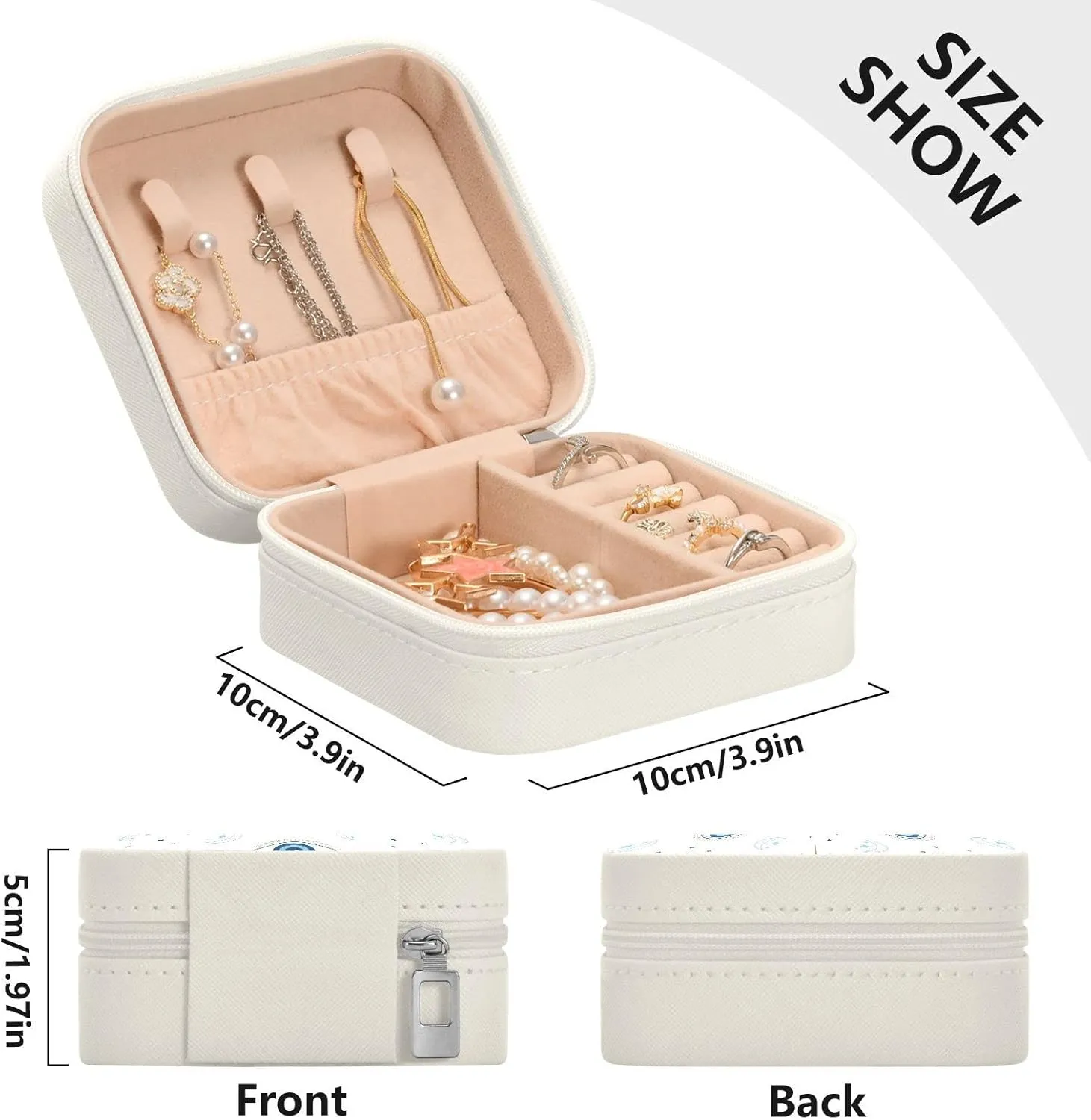 Kigai Magic Evil Eye Small Jewelry Box Mini Jewelry Organizer Travel Case for Girls Women Gift Portable Jewelry Storage Holder for Rings Earrings Necklace Bracelet (White)