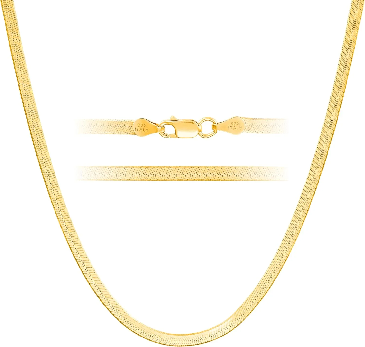 KISPER Solid 925 Sterling Silver 24k Gold Plated Herringbone Necklace for Women & Men, Italian Diamond-Cut 3mm Snake Chain Necklace, Made in Italy, 16-30 Inches