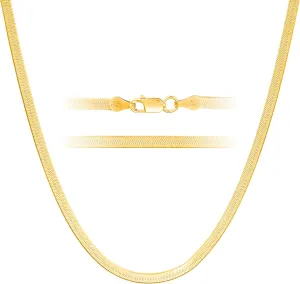 KISPER Solid 925 Sterling Silver 24k Gold Plated Herringbone Necklace for Women & Men, Italian Diamond-Cut 3mm Snake Chain Necklace, Made in Italy, 16-30 Inches