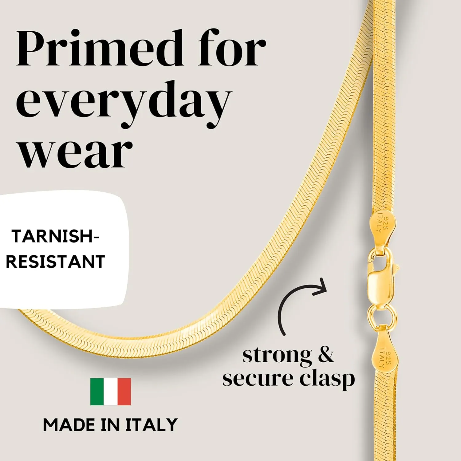 KISPER Solid 925 Sterling Silver 24k Gold Plated Herringbone Necklace for Women & Men, Italian Diamond-Cut 3mm Snake Chain Necklace, Made in Italy, 16-30 Inches