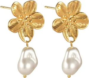 Kokoma Bohemian Flower Earrings for Women Mom Stainless Steel Baroque Pearls Dangle Drop Stud Earrings Elegant Ear Jewelry for Mother