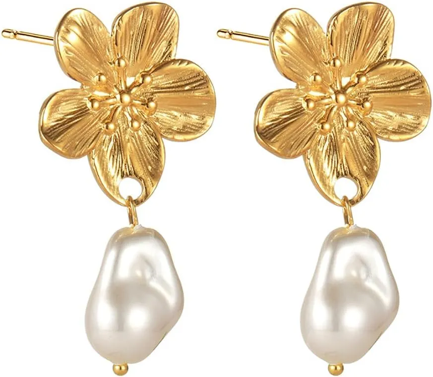 Kokoma Bohemian Flower Earrings for Women Mom Stainless Steel Baroque Pearls Dangle Drop Stud Earrings Elegant Ear Jewelry for Mother