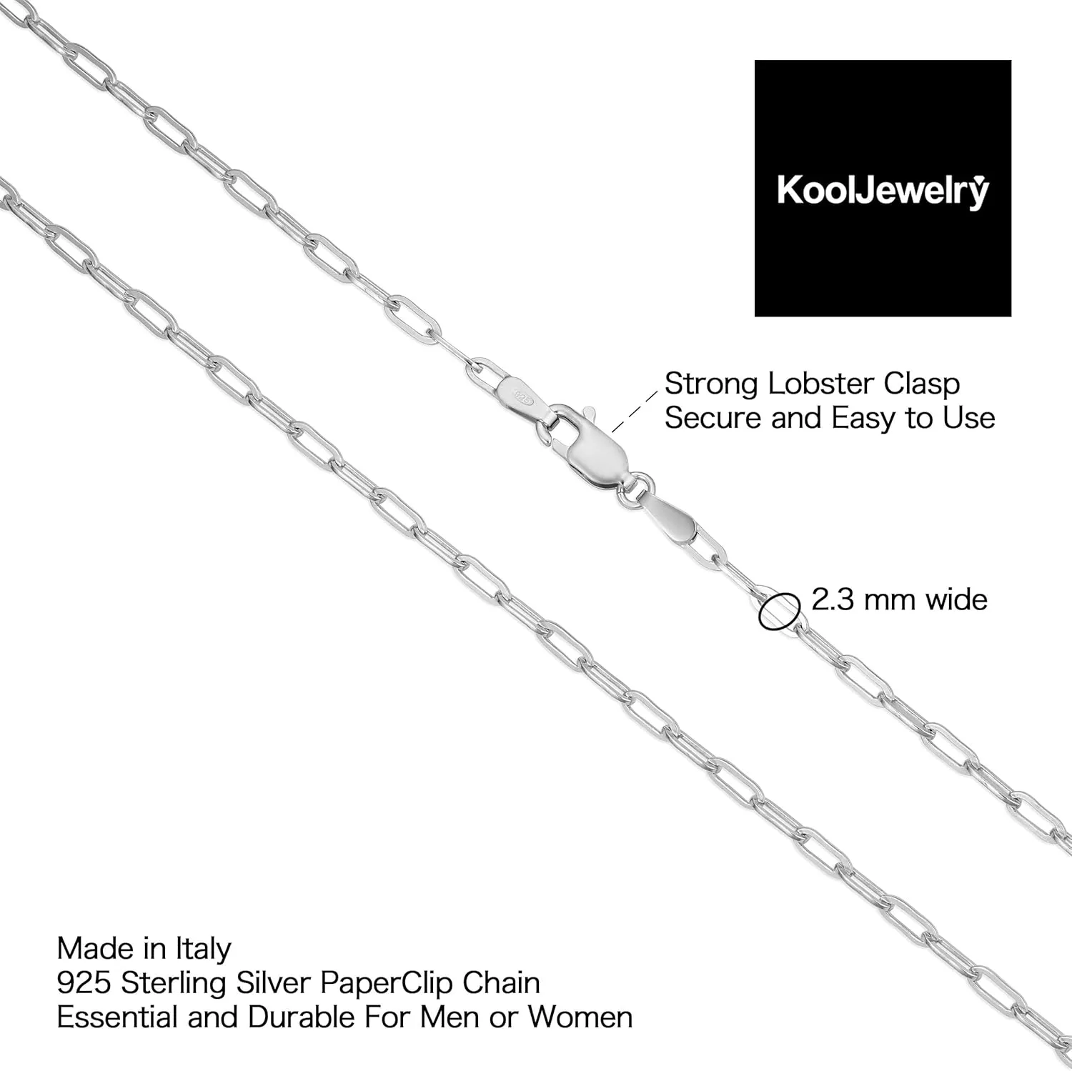 KoolJewelry Sterling Silver Polished 2.3 mm Paperclip Chain Necklace for Men and Women