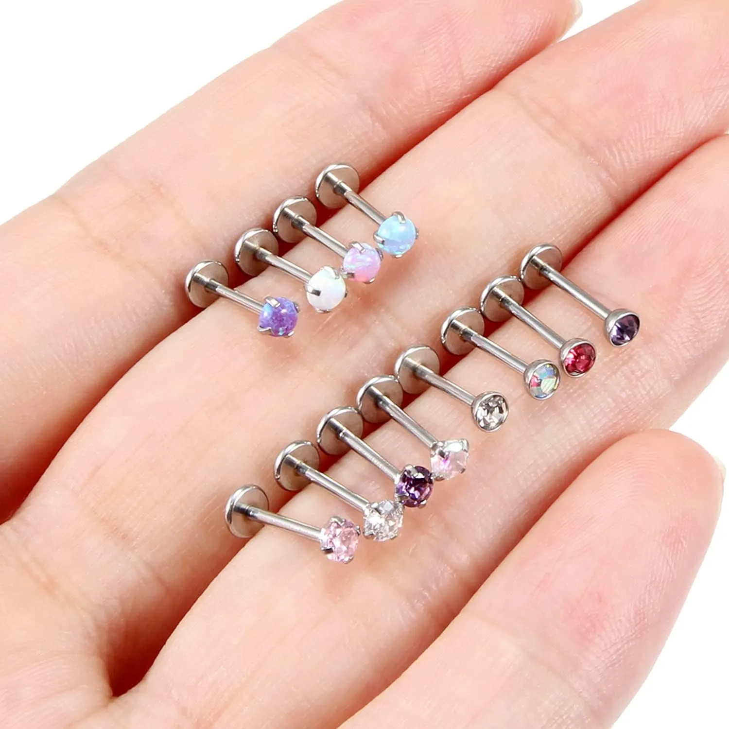 Kridzisw 18G 20G Threadless Push in Nose Rings Studs 6mm 7mm Bar Surgical Steel Flat Back Opal Cartilage Tragus Helix Earrings Stud Lip Larbret Ring Piercing Jewelry for Women Men Opal 2MM 2.5MM 3MM