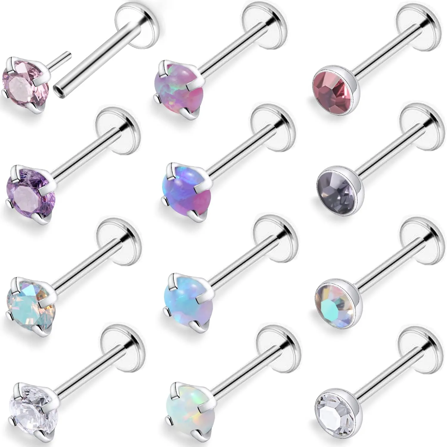 Kridzisw 18G 20G Threadless Push in Nose Rings Studs 6mm 7mm Bar Surgical Steel Flat Back Opal Cartilage Tragus Helix Earrings Stud Lip Larbret Ring Piercing Jewelry for Women Men Opal 2MM 2.5MM 3MM