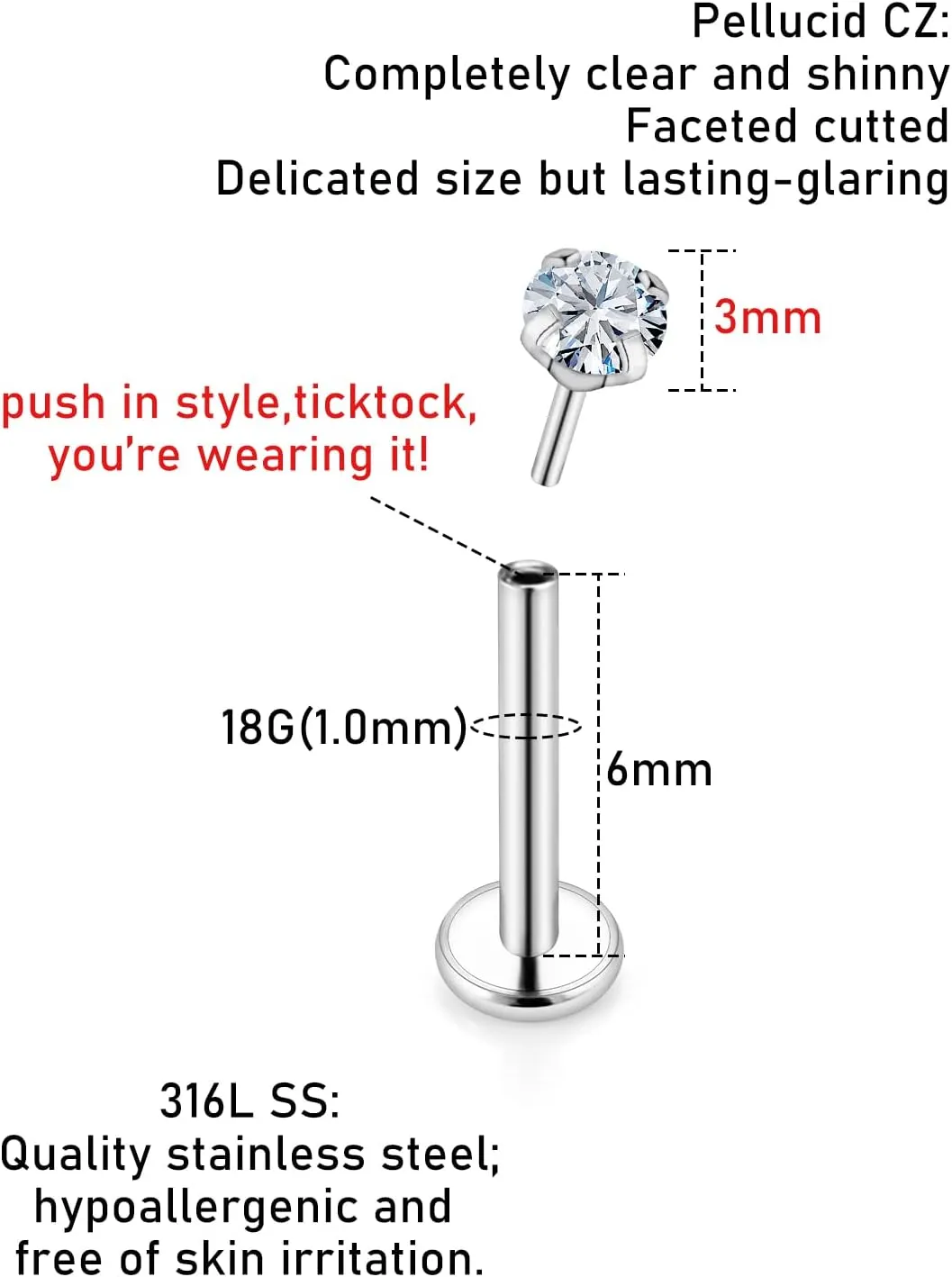 Kridzisw 18G 20G Threadless Push in Nose Rings Studs 6mm 7mm Bar Surgical Steel Flat Back Opal Cartilage Tragus Helix Earrings Stud Lip Larbret Ring Piercing Jewelry for Women Men Opal 2MM 2.5MM 3MM