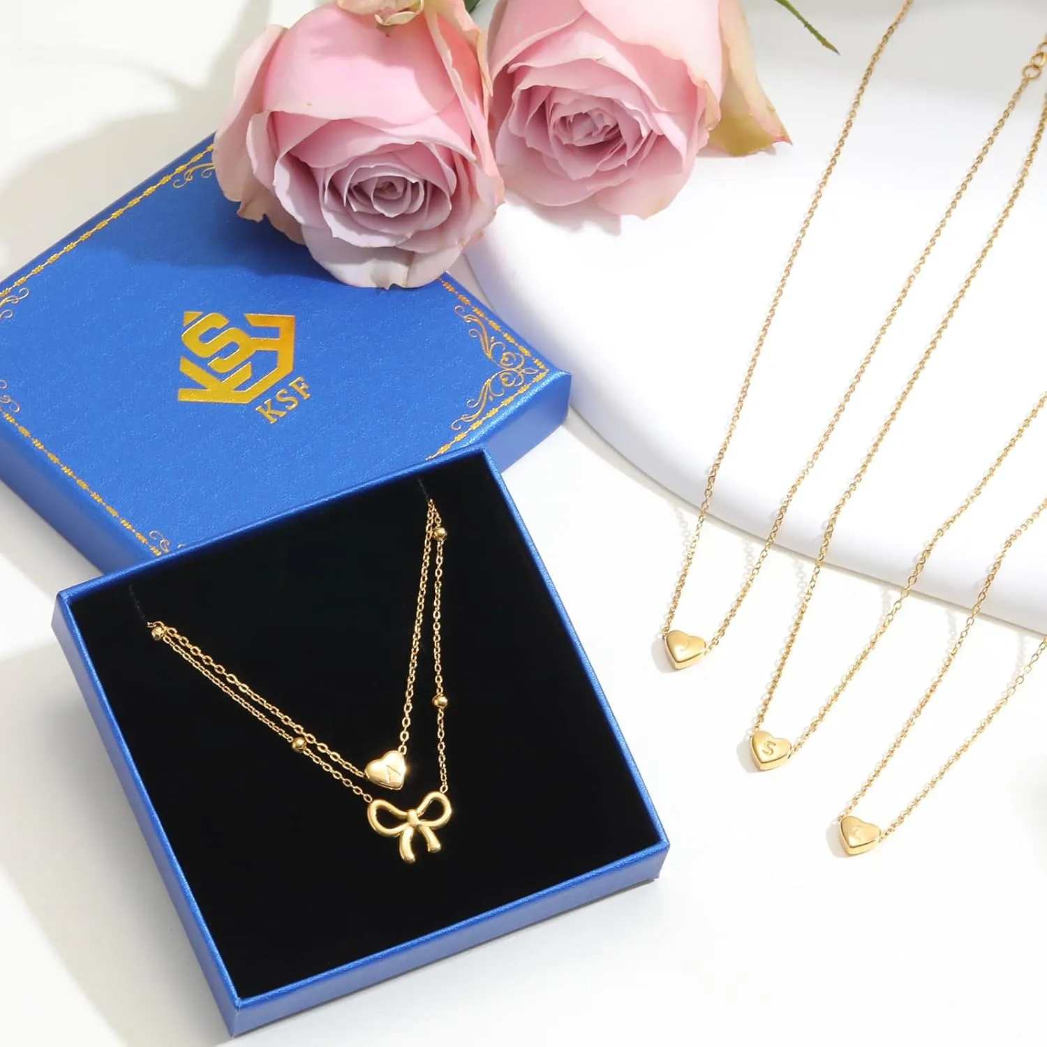 KSF Gold Bow Necklace for Women - Layered Bow Heart Gold Necklace for Women Trendy Dainty 14K Gold Plated Heart Initial Choker Chain Layered Bow Pendant Jewelry Gifts