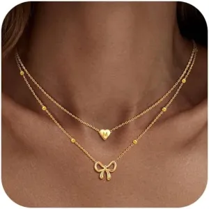 KSF Gold Bow Necklace for Women - Layered Bow Heart Gold Necklace for Women Trendy Dainty 14K Gold Plated Heart Initial Choker Chain Layered Bow Pendant Jewelry Gifts