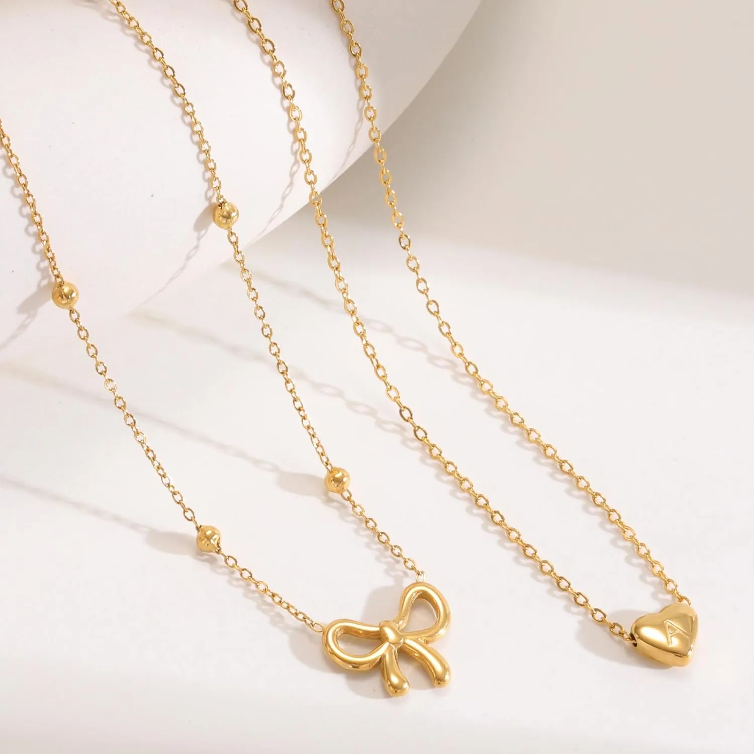 KSF Gold Bow Necklace for Women - Layered Bow Heart Gold Necklace for Women Trendy Dainty 14K Gold Plated Heart Initial Choker Chain Layered Bow Pendant Jewelry Gifts