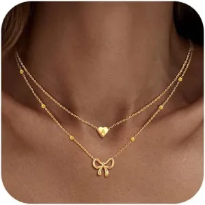KSF Gold Bow Necklace for Women - Layered Bow Heart Gold Necklace for Women Trendy Dainty 14K Gold Plated Heart Initial Choker Chain Layered Bow Pendant Jewelry Gifts