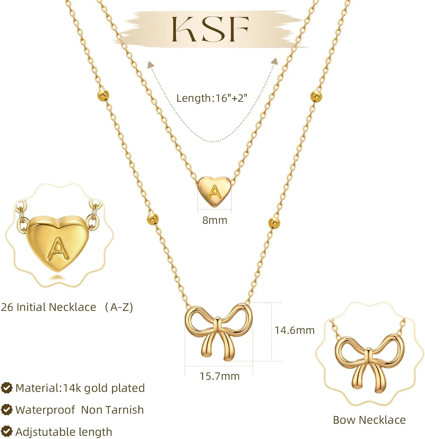 KSF Gold Bow Necklace for Women - Layered Bow Heart Gold Necklace for Women Trendy Dainty 14K Gold Plated Heart Initial Choker Chain Layered Bow Pendant Jewelry Gifts