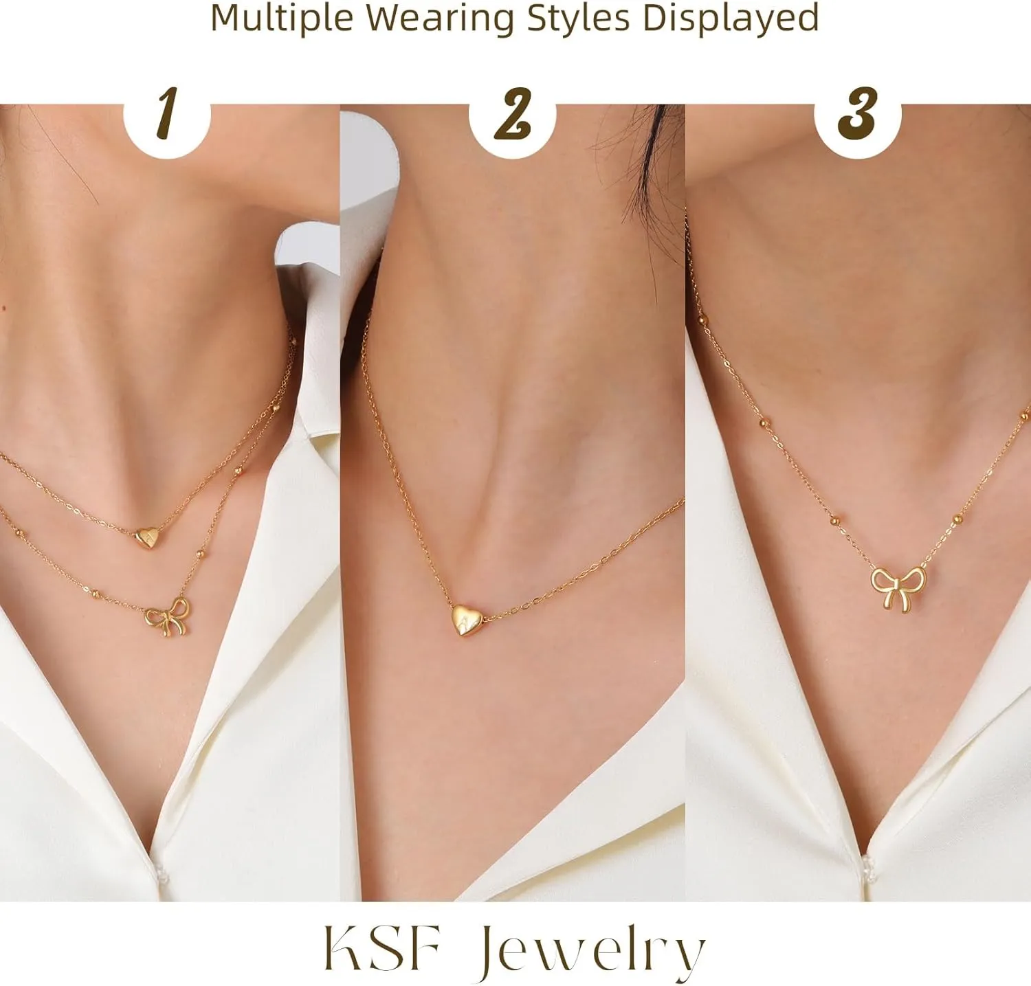 KSF Gold Bow Necklace for Women - Layered Bow Heart Gold Necklace for Women Trendy Dainty 14K Gold Plated Heart Initial Choker Chain Layered Bow Pendant Jewelry Gifts